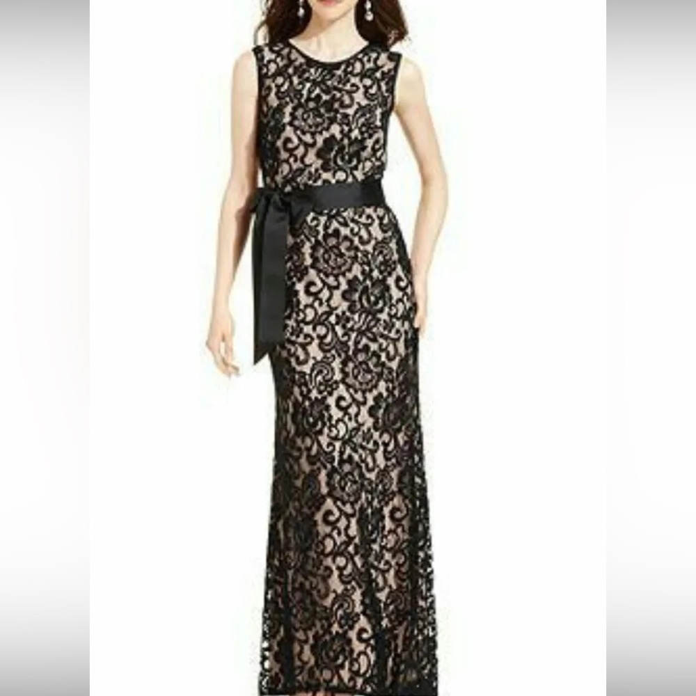 Betsy & Adam Sleeveless Lace Overlay Gown